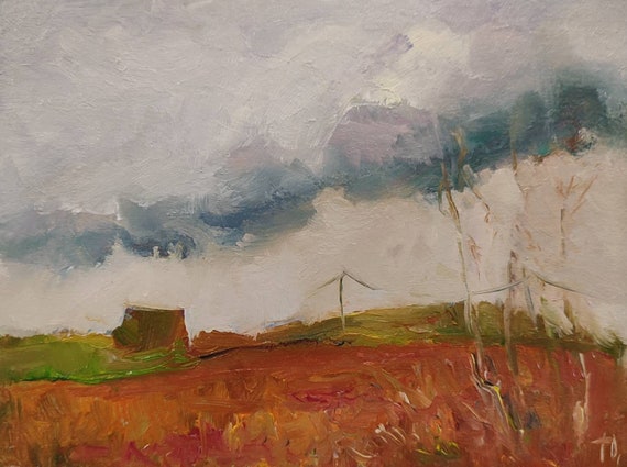 Rustic Oil Painting Autumn Field Old Barn Painting Original Tiny Meadow Painting, Small Oil Painting Grey Blue Ochre Colours 8x6 in