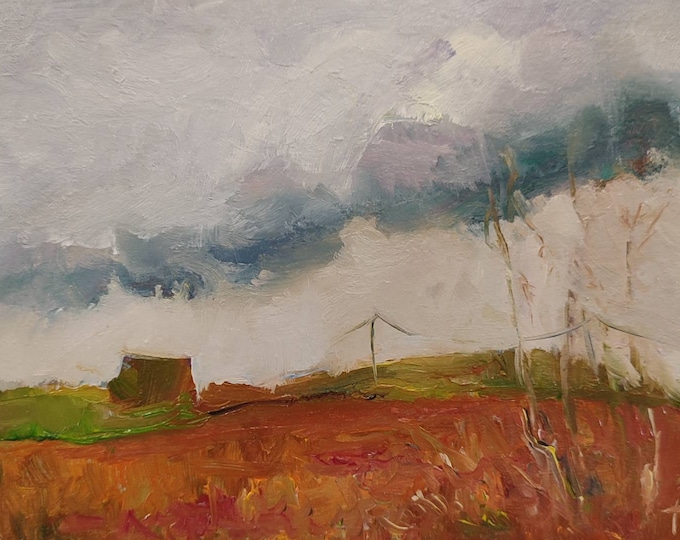 DDP to US, Red Field Rural Landscape Oil Paintings Original Art Work, Rustic Wall, Countryside Painting Farmland 6x8 inch