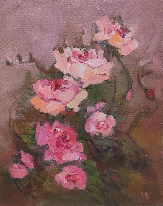 Rose Oil Painting Original, Flower Bouquet Painting Floral Still Life, Room Decor Aesthetic, Gifts for your best friend 12x9,5 inch 30x24 cm