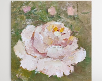 Original Oil Painting White Rose Artwork: Small Impressionist Flower Wall Art (6x6 inch)