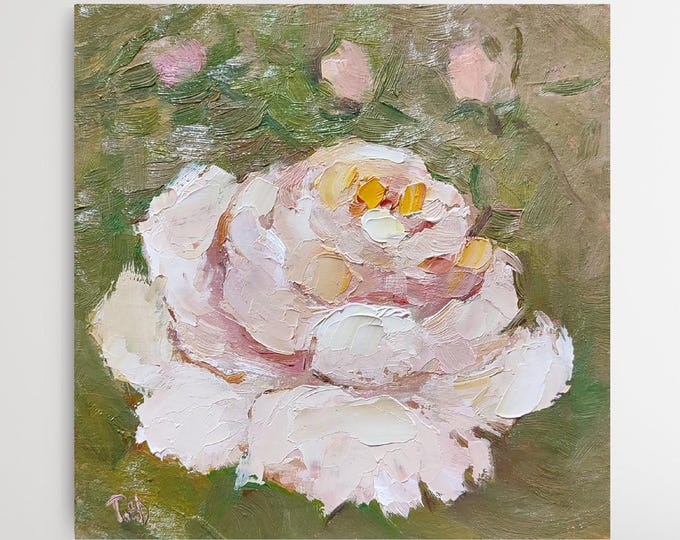 Original Oil Painting White Rose Artwork: Small Impressionist Flower Wall Art (6x6 inch)