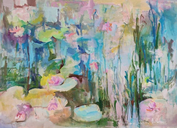 Oversize Painting, Original Painted Canvas, Water Lily Painting, Bright Original Painting, Original Acrylic Artwork, Water Lilies 50x36 inch