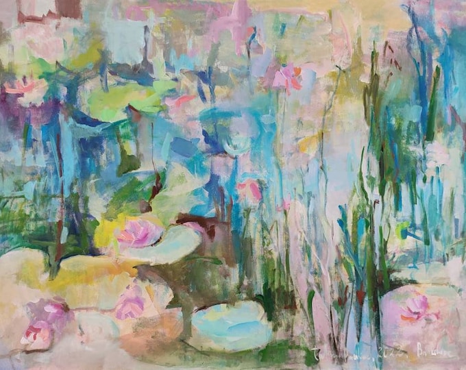 Oversized Wall Art: Abstract Water Lily Acrylic Painting, Large Canvas Art Floral (50x36 inch)