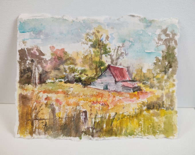 Autumn Painting House, Log Cabin Decor, Old Barn Painting Watercolor Cotton Paper 8x6 inches