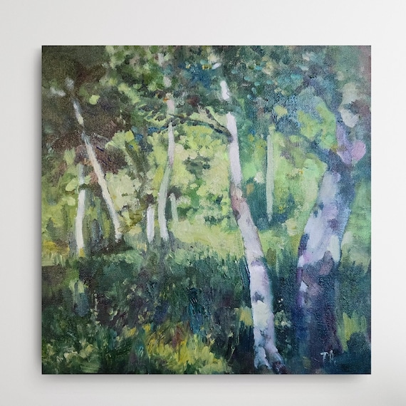 Countryside Birch Grove Landscape Painting, Original Forest Artwork 12x12inch with Meadow Clearing