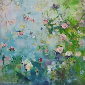 Oversize Painting, Original Painted Canvas, Original Painting on Canvas, Large Painting, Oversized Canvas Art, Pink Roses Blue Painting