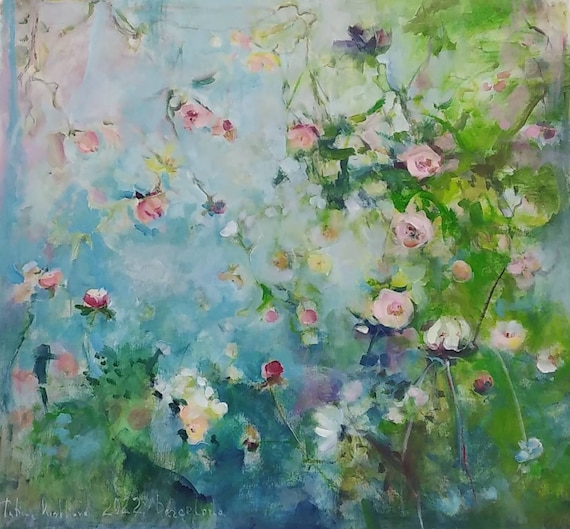 Oversize Painting, Original Painted Canvas, Original Painting on Canvas, Large Painting, Oversized Canvas Art, Pink Roses Blue Painting