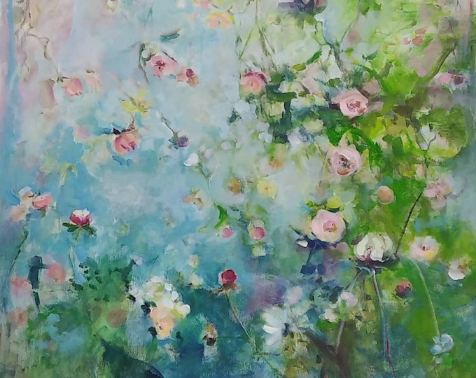 Large Abstract Original Rose Painting Blue Pink Artwork Modern Handpainted Canvas (33x35 inches)