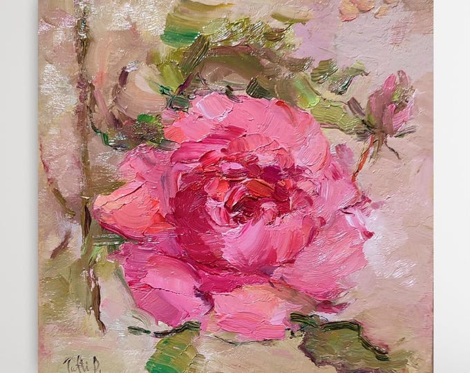 Original Pink Rose Oil Painting: Impressionist Floral Artwork (6x6 inch)
