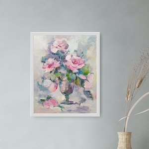 May include: A painting of a bouquet of pink roses in a clear glass vase. The roses are arranged in a loose, natural style, and the vase is set on a table with a white tablecloth. The background is a soft, muted color.