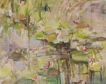 Oversized Water Lily Painting: Original Abstract Acrylic Art (30x32 inches)