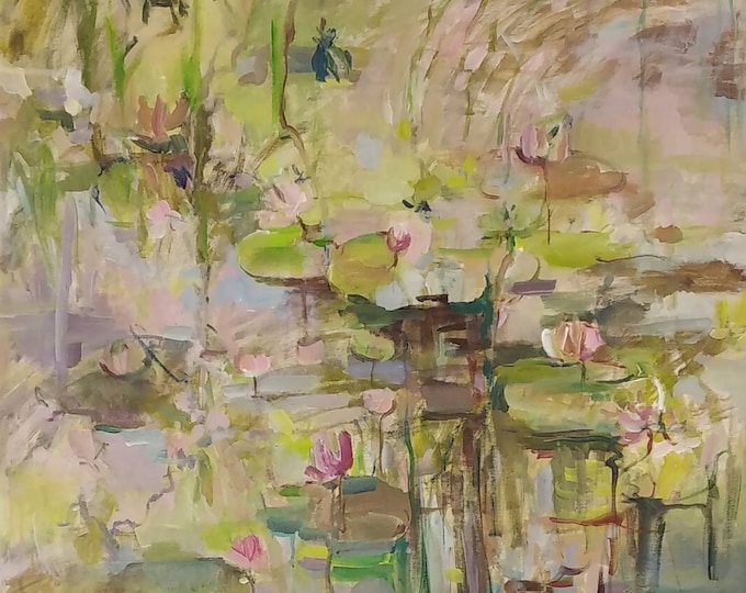 Oversized Water Lily Painting: Original Abstract Acrylic Art (30x32 inches)