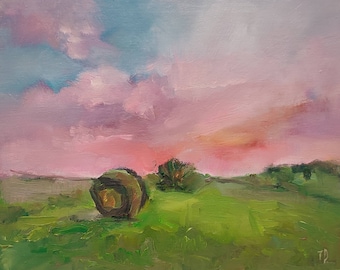 DDP to US, Original Oil Painting: Rustic Sunset Meadow, Pink Clouds (8x10 inch)