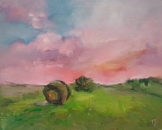 Small Oil Painting Original Rustic Oil Painting Sunset Cloud Painting Pink Green Mini Canvas Painting Summer Field Meadow Painting 8x10inch