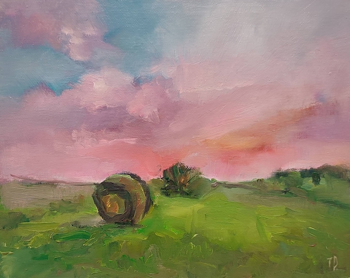 DDP to US, Original Oil Painting: Rustic Sunset Meadow, Pink Clouds (8x10 inch)