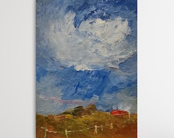 Autum Oil Painting Original Small Wall Art Blue Ochre Mini Landscape