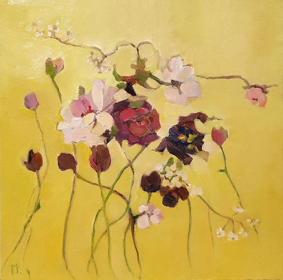 Wildflowers Painting, Original Oil Painting on Canvas, Abstract Floral Painting, Wild Flower Rose Oil Painting, Trendy Wall Art 12x12 inch