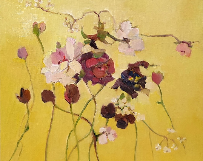 Wildflowers Painting, Original Oil Painting on Canvas, Abstract Floral Painting, Wild Flower Rose Oil Painting, Trendy Wall Art 12x12 inch