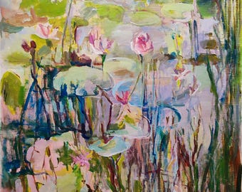 Oversized Wall Art Big Abstract Floral Painting Large Original Nenuphar Handpainted Canvas (48x36 inch).