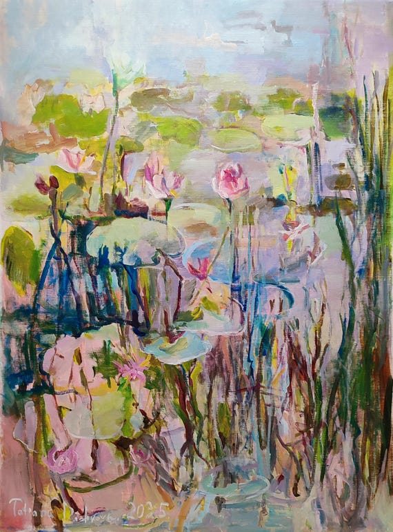 Original Painted Canvas, Abstract Water Lily Painting, Oversized Canvas Art, Vertical Art Work, Original Painting Acrylic Artwork 48x36 inch