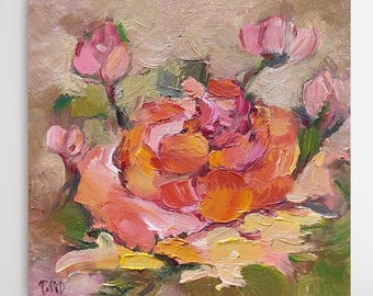 Rosoljemålning Originalkonstverk: Liten impressionistisk abstrakt blommig väggkonst (15 x 15 cm)