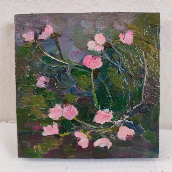 Oil Painting Original, Miniature Painting, Roses Oil Painting. Gift for Best Friend Female Dark Green Pink Rose Painting, Small Presents.