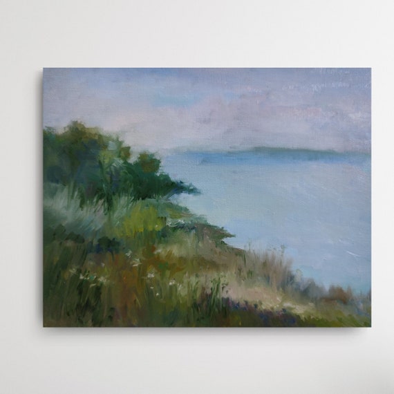 Oil Painting Original Farmhouse Wall Decor Summer Forest River Painting, Meadow Painting. Village Painting, Rustic Oil Painting 8x10 inch.