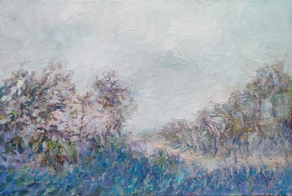 Trees Spring Painting Orchard Landscape Neutral Tones Art Original Oil Paintings Nature Farmland