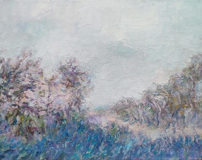 Trees Spring Painting Orchard Landscape Neutral Tones Art Original Oil Paintings Nature Farmland