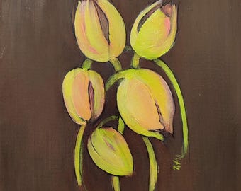 Yellow Tulip Painting Wildflower Art  Dark Floral Original Artwork, House Warming Gift 8x11 inch