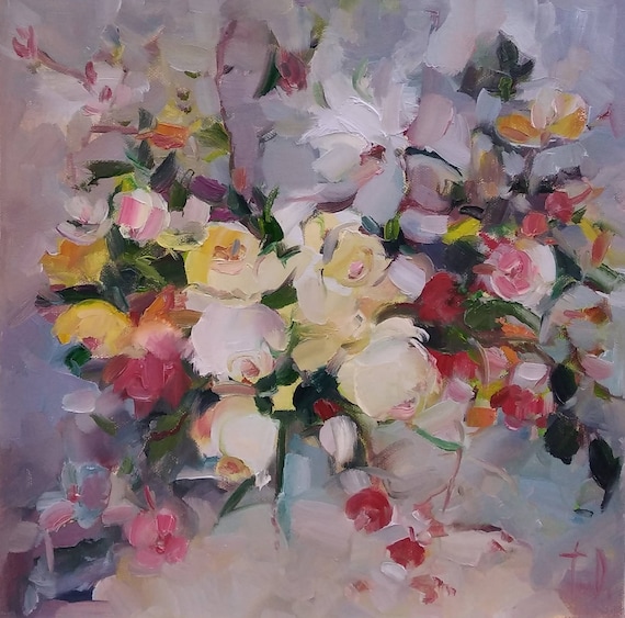 Roses Oil Painting, Original Artwork, Bouquet Painting. White Rose Painting, Wildflower Painting Flowers of Secret Garden, 12x12inch.