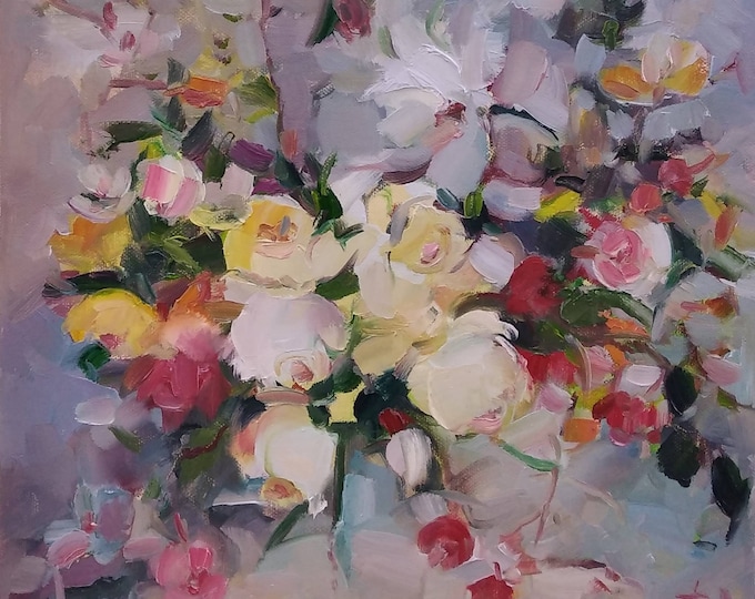 DDP to US, Original Rose Oil Painting: Rustic Roses Wedding Bouquet (12x12 inch)