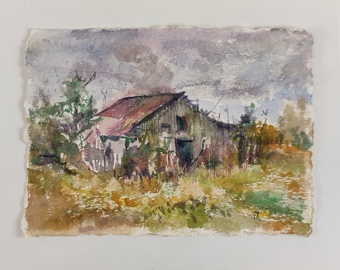 Original Watercolor Old Barn Painting: Autumn Landscape, Rustic Wall Art Neutral (8x6 inch)