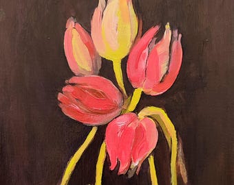 Tulip Painting Original, Bohemian Wall Art, Dark Floral Artwork, House Warming Gift 8x11 inch