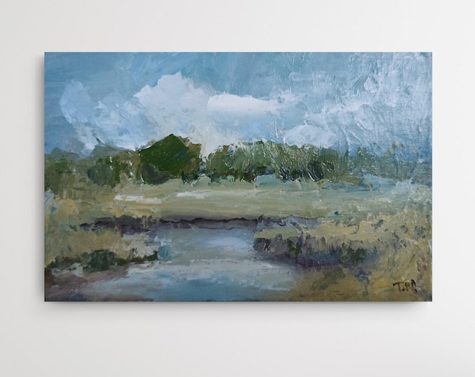 Original Autumn Oil Painting Lowland Landscape Countryside Wall Art Sage Green Blue (4.5x7 inches)