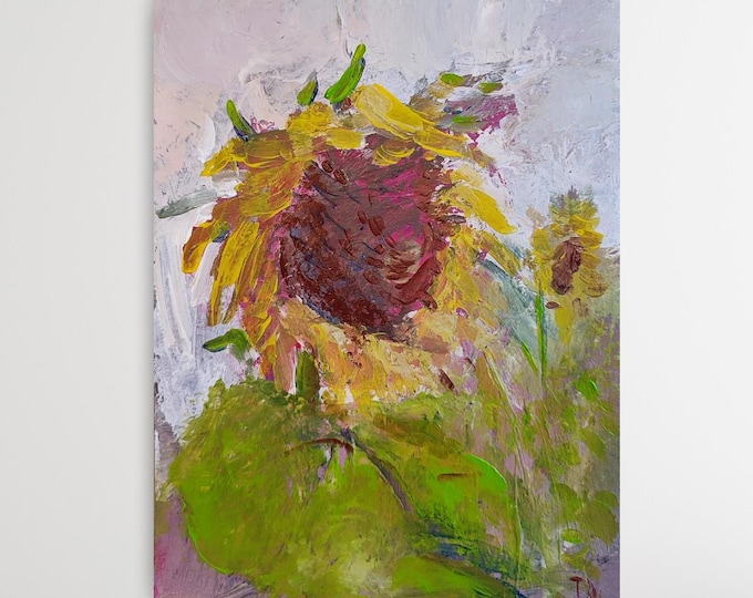 Sunflower Painting Acrylic: Original Artwork, Shabby Chic Wall Art Wildflower Light Green  6x8 inch