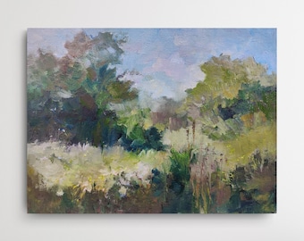 Farmhouse Wall Art Oil Painting Original Forest Painting Meadow Field Path Painting Summer Nature Artwork Rustic Oil Painting Green Blue.