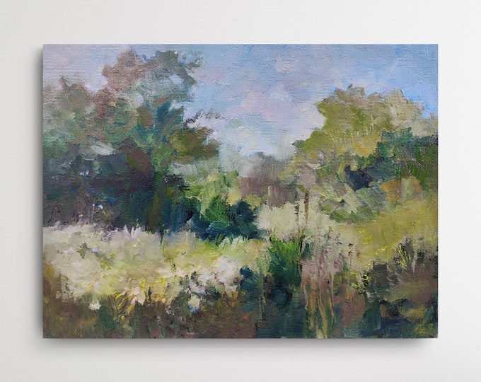 Farmhouse Wall Art Oil Painting Original Forest Painting Meadow Field Path Painting Summer Nature Artwork Rustic Oil Painting Green Blue.