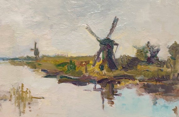Landscape oil painting, miniature painting. Old windmill, antique style, rustic oil painting. Tiny painting, Holland landscape 4,5x7 in.
