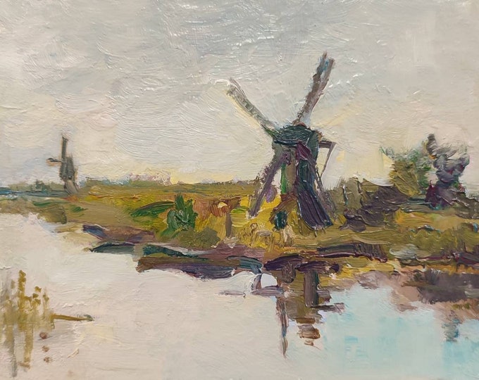 Old Windmill Original Paintings Antique Style Tiny Holland Landscape 4,5x7 inches