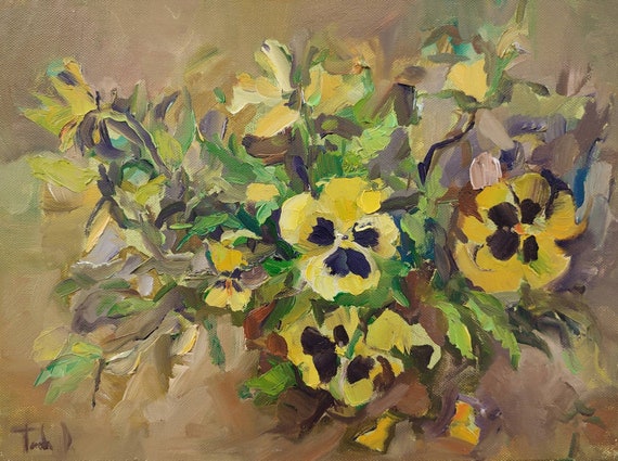 Art Work, Original Painted Canvas, Pansy Painting, Original Oil Painting, Natural Painting, Plants Painting 11x15 inches