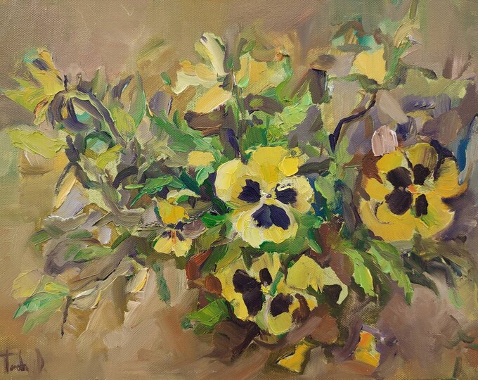 DDP to US, Original Pansy Oil Painting: Impressionist Floral Art, 11x15 Cottagecore Decor