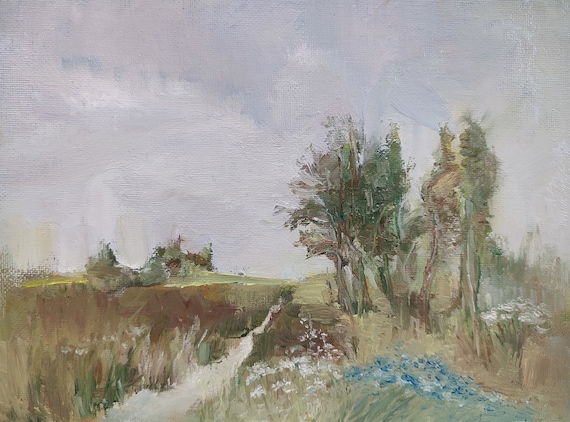 Oil Painting Original. Summer Nature Landscape Road Painting. Sage Green Wall Art, Meadow Painting. Village Painting, Rustic Oil Painting.