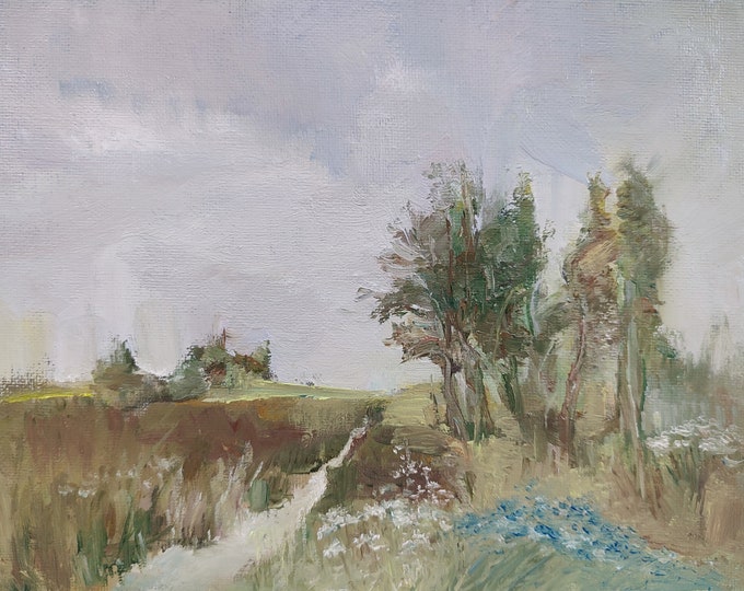 Oil Painting Original. Summer Nature Landscape Road Painting. Sage Green Wall Art, Meadow Painting. Village Painting, Rustic Oil Painting.
