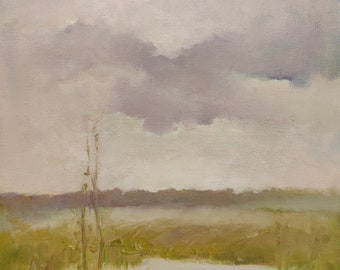 Autumnal Home Decor, Landscape Oil Painting, Lake House Decor. Rustic Oil Painting, Rainy day art. Original Neutral Color Art Grey Green.