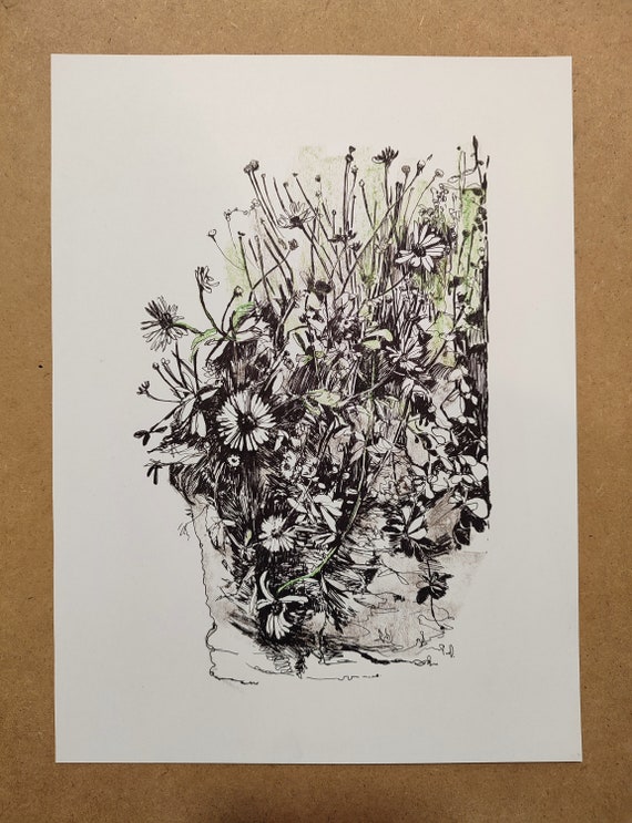 Original Pencil Drawing, Realistic Drawing. Small Presents Spring Wildflowers Still Life Drawing Pictures Pencil Ink Drawing Flowers.