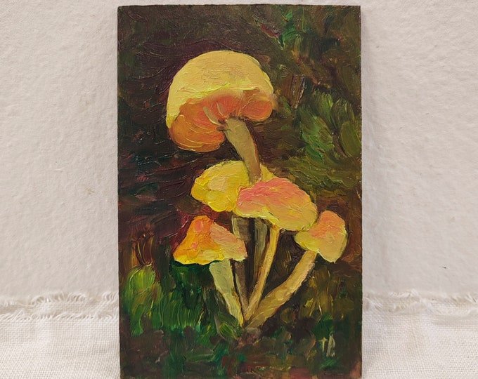 Mushroom Oil Painting Small Original Art Autumn Forest Mushrooms Artwork 7x4.5 inch