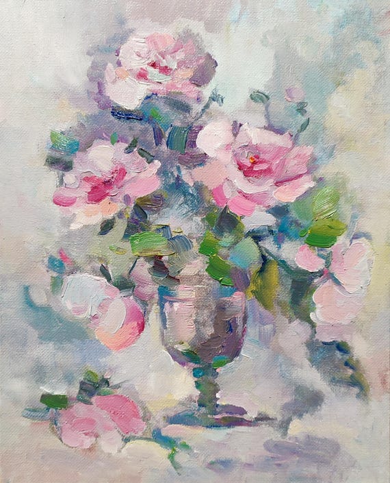 Roses Oil Painting, Flower Painting Original, Floral Still Life, Rose Flower Painting, Bouquet Painting, Impressionistic Art 12x9.5 inches