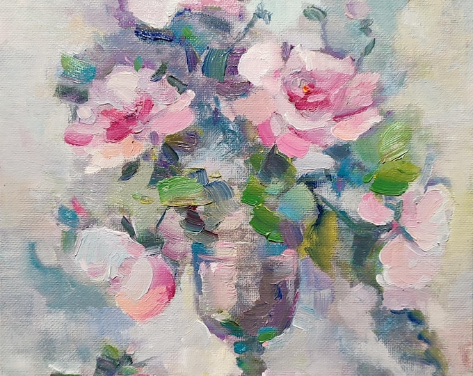 Rose Oil Painting Original Artwork Impressionist Floral Still Life, Light Grey Pink, Romantic Gift