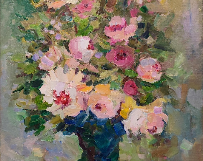 Original Impressionist Floral Oil Painting — Handpainted Small Bouquet in Vase, Colorful Pink Flower Wall Art, Gift for Her
